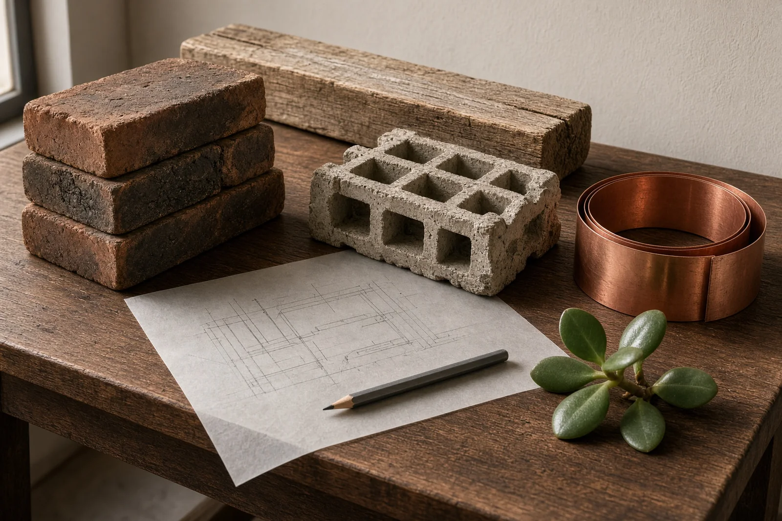 Salvaged brick, timber, and copper on a studio drafting table.