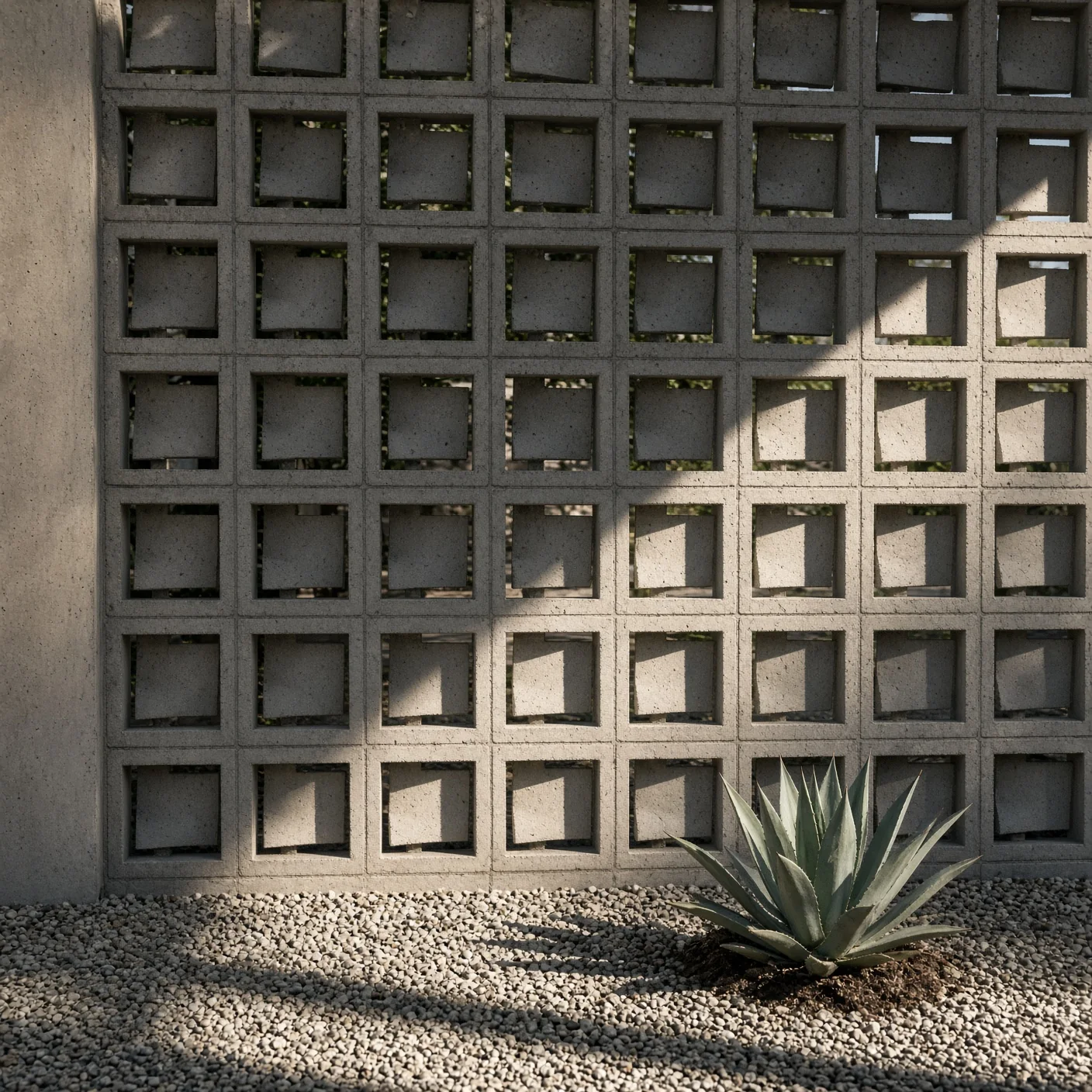 Mid-century screen block in raking afternoon sun.