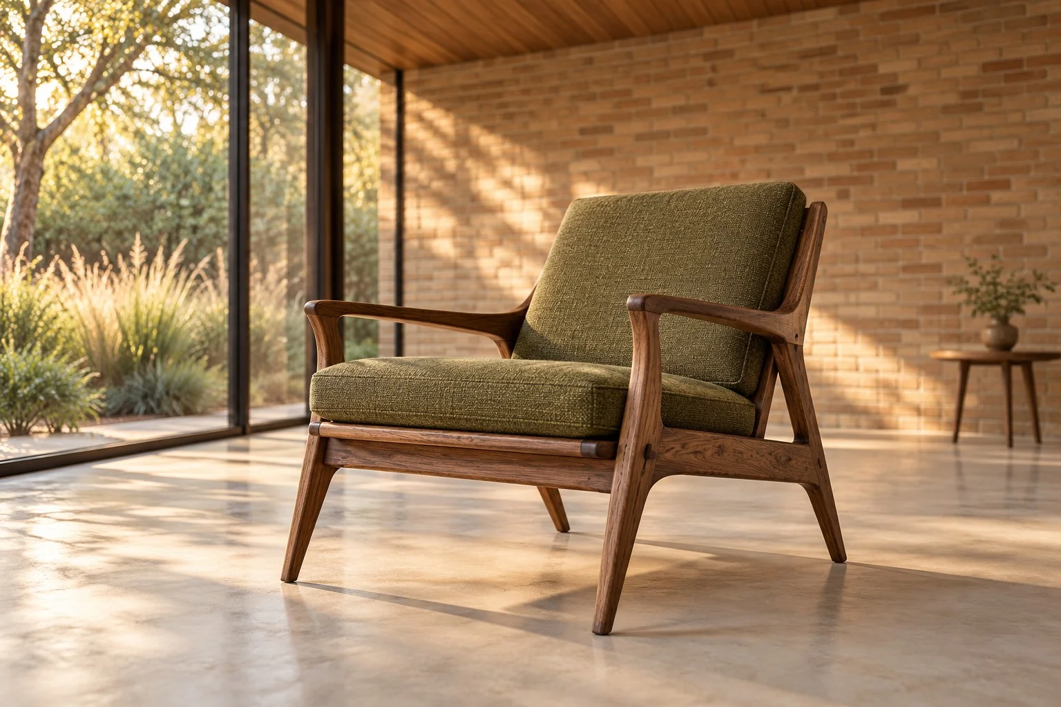 Custom mid-century modern lounge chair with a sculpted walnut frame and moss-green woven upholstery