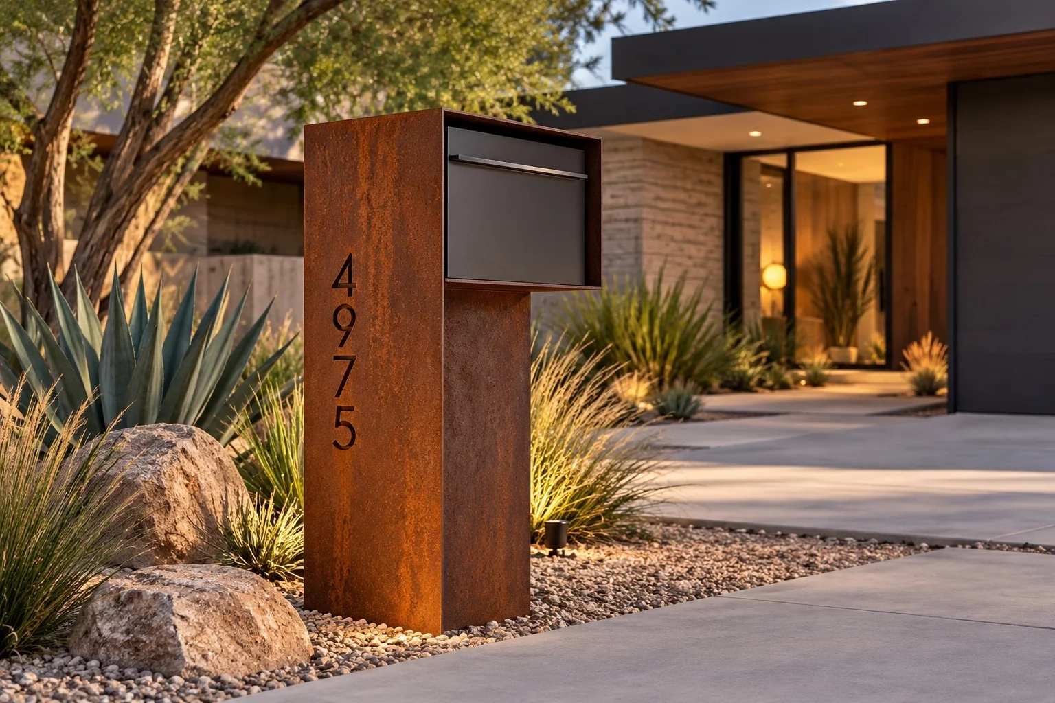 Custom weathered-steel mailbox with a charcoal inset and vertically cut address numbers beside a mid-century home