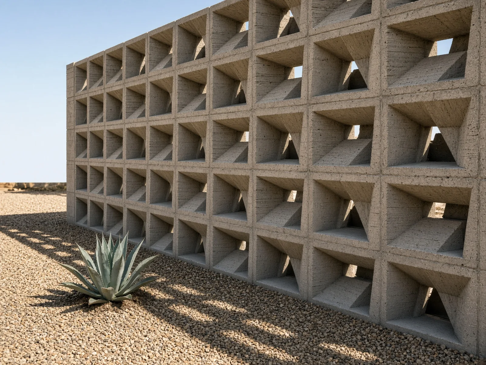 Custom concrete screen block casting geometric shadows.
