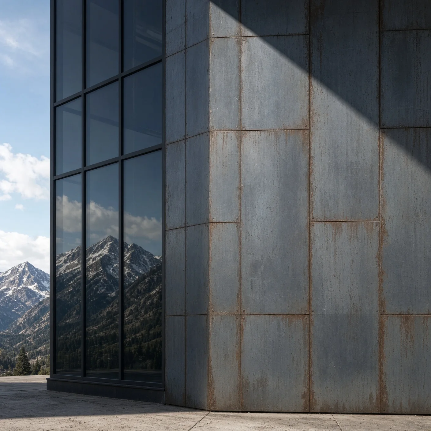 Weathered modern facade of glass and oxidized metal panels.