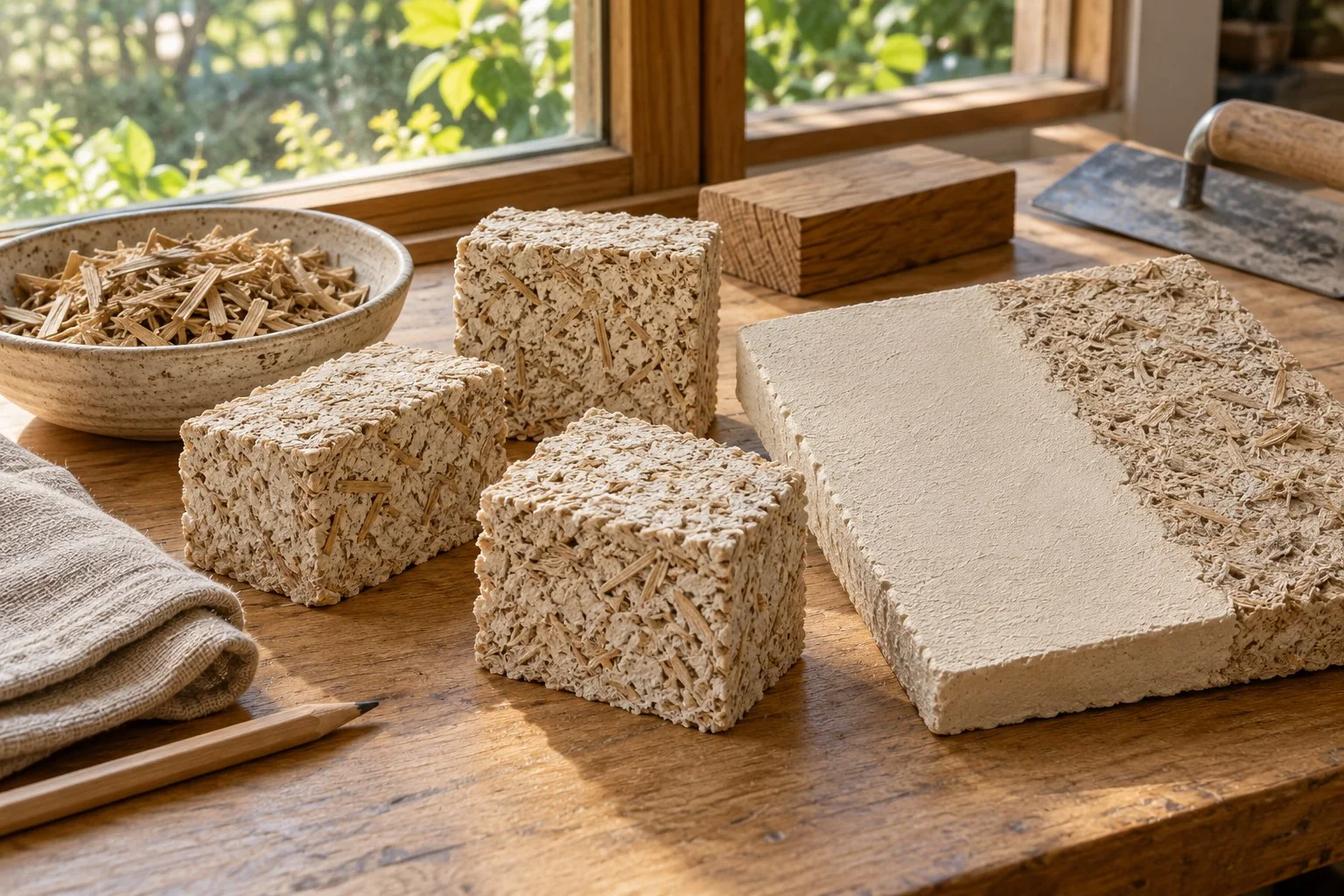 Material-study rendering of hemp-lime sample blocks with visible woody fibers, a partially lime-plastered sample, and loose hemp hurd on a timber table.