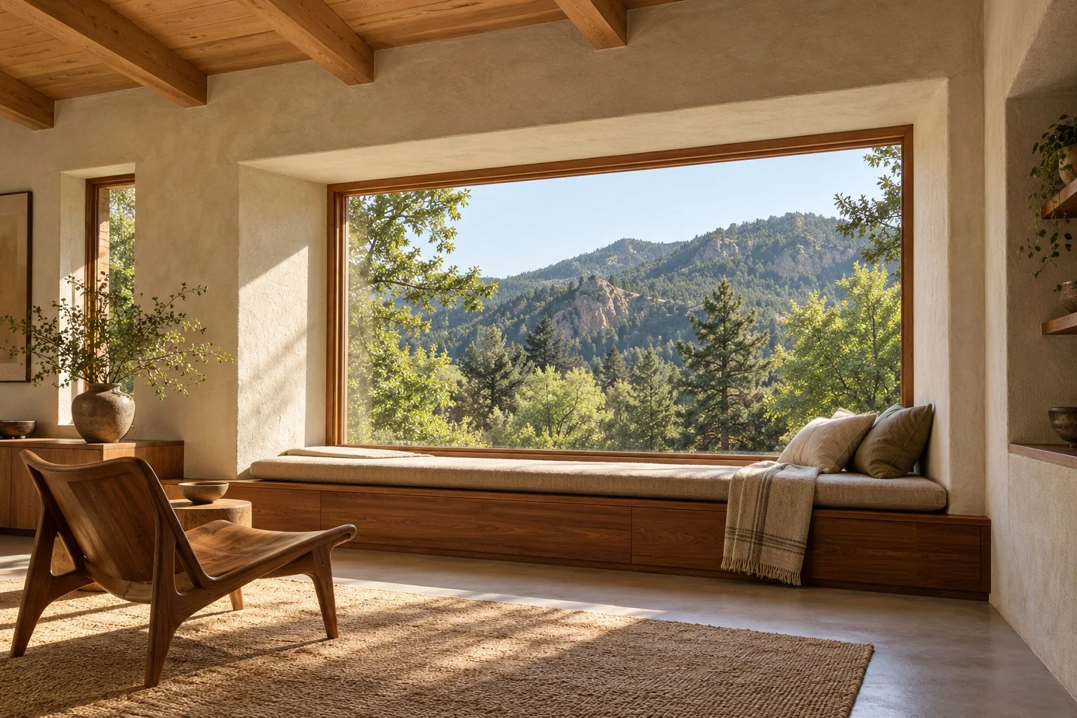 Hemp-lime interior design rendering with lime-plaster walls, deep timber-framed window reveals, a walnut window seat, and views of a leafy mountain landscape.
