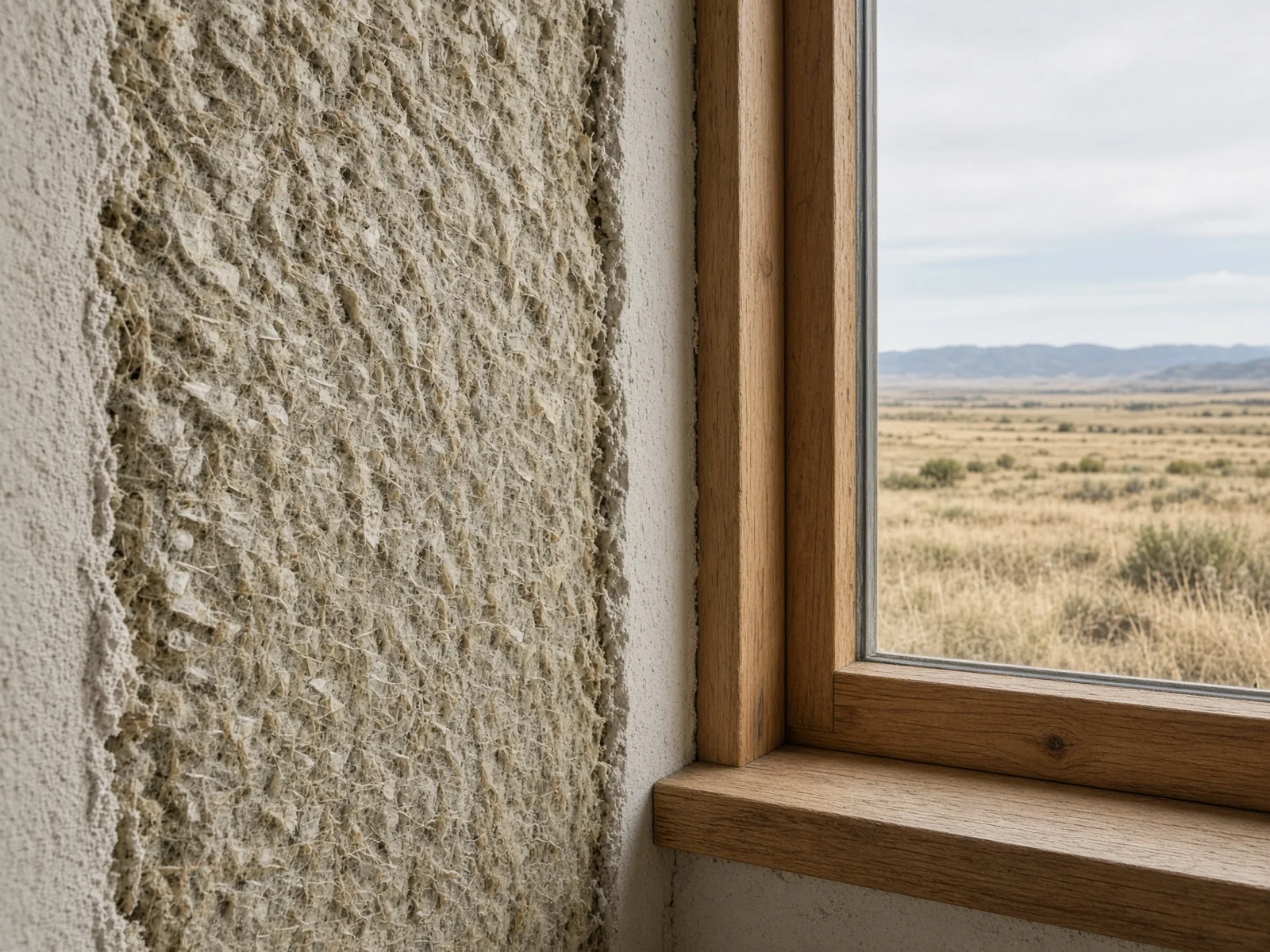 Hemp-lime wall in section beside a wood window.