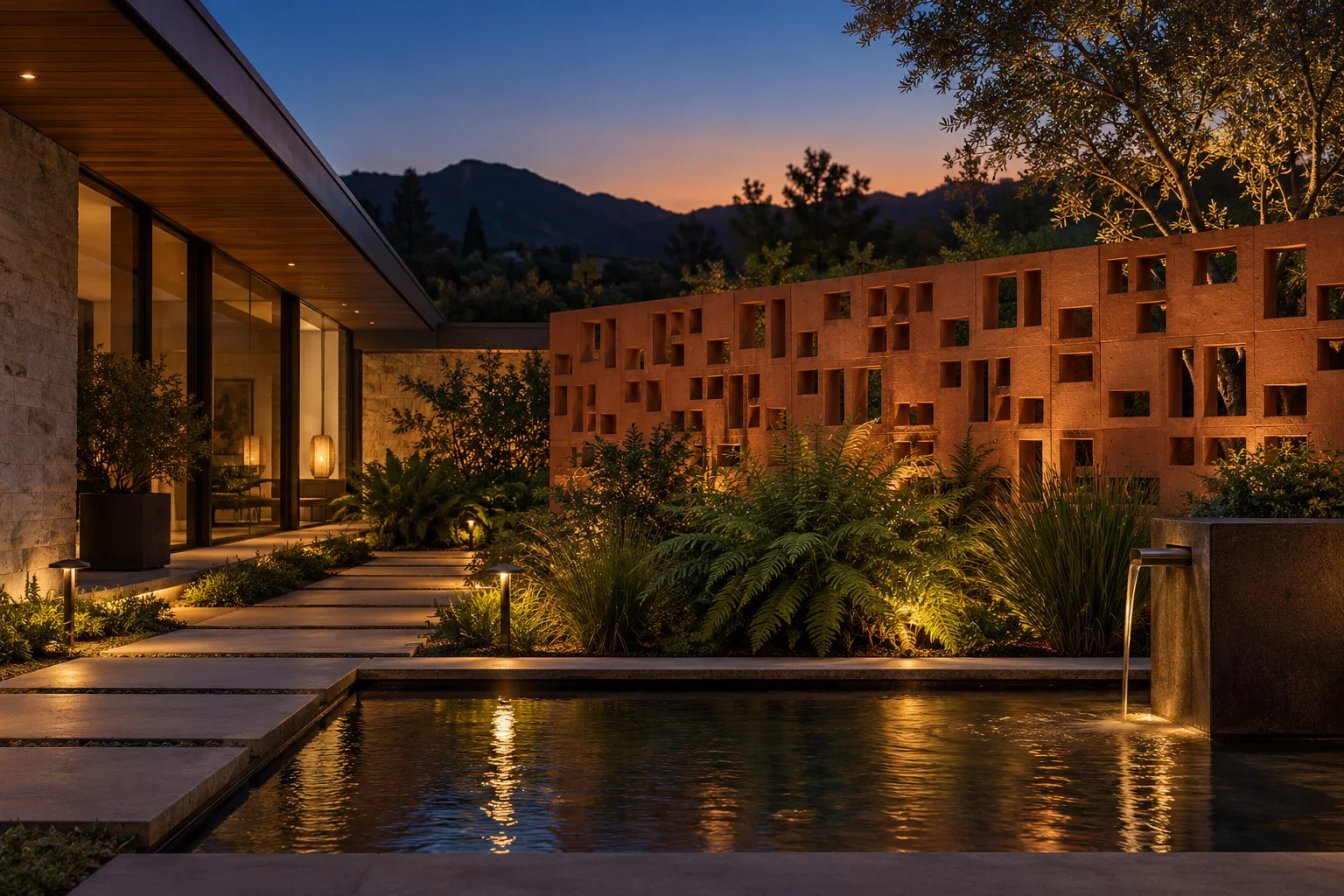 Design rendering of a breeze-block courtyard with lush planting, a reflecting basin, and subtle warm garden lighting at twilight
