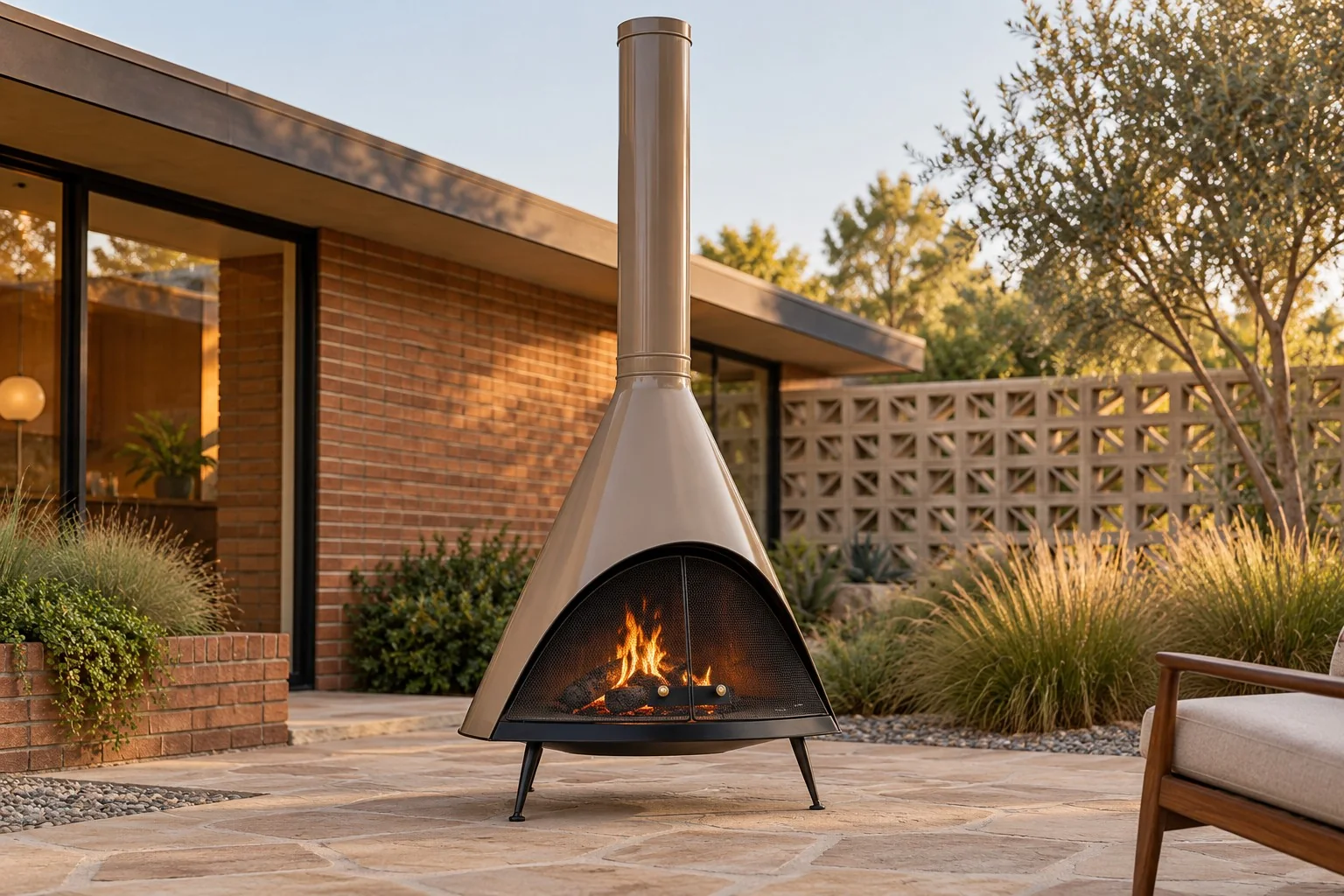 Freestanding mid-century-inspired conical fireplace in a muted mushroom-taupe finish in a garden courtyard