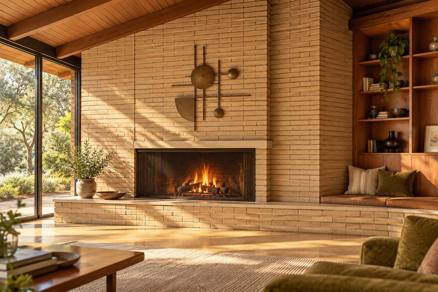 Custom mid-century fireplace with slender buff brick, a long hearth, and bronze metal detailing