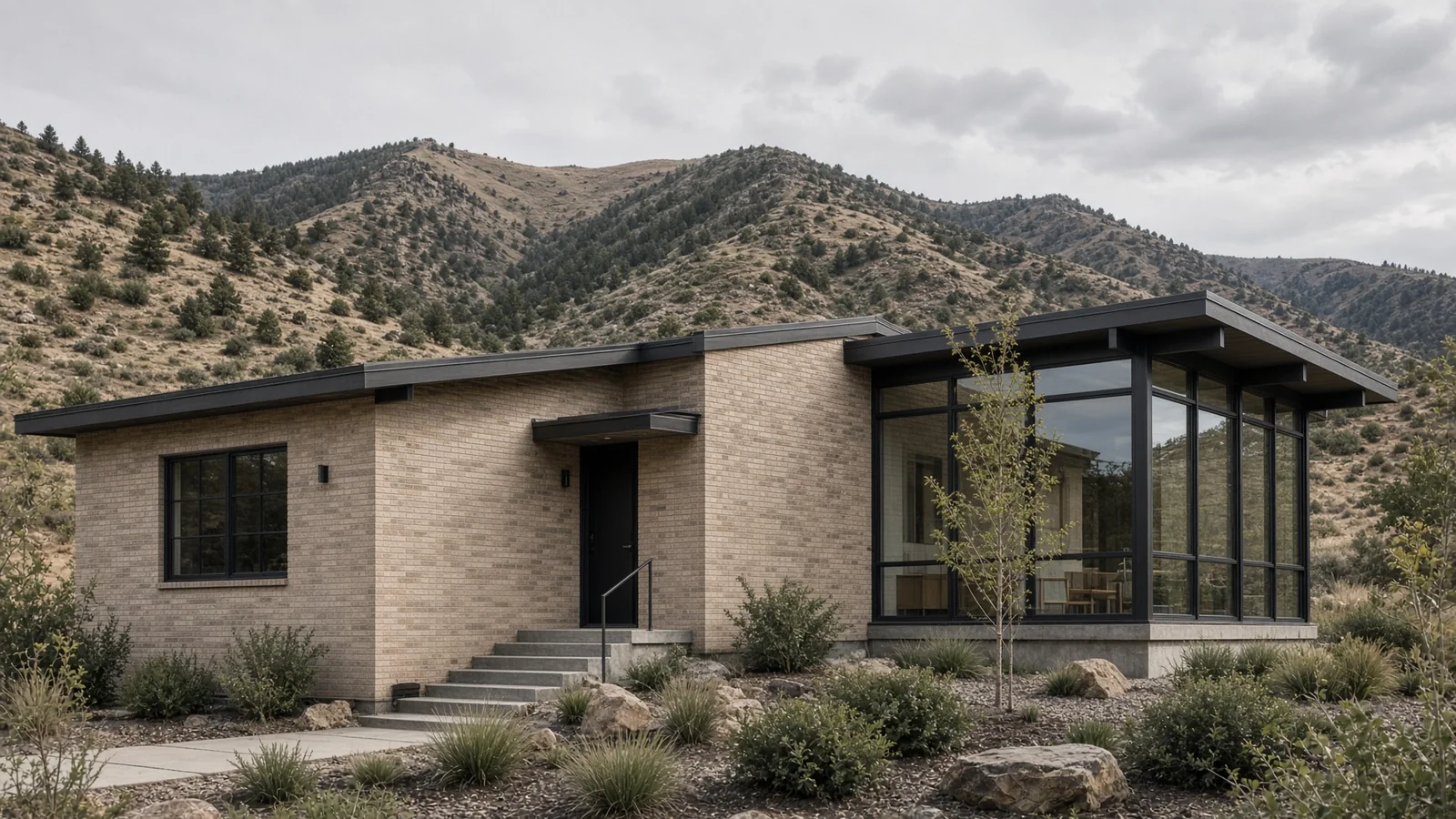A restored 1950s brick ranch with a steel-and-glass garden room in the Colorado foothills.