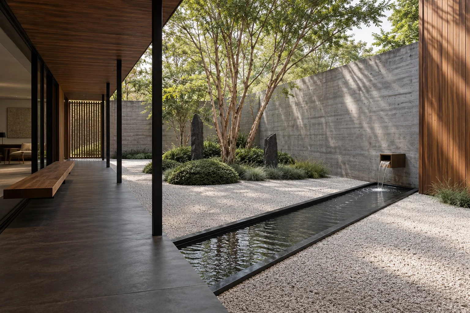 Japanese-inspired mid-century courtyard rendering with pale gravel, sculptural trees, a narrow water channel, concrete walls, and a floating timber bench beneath a covered walkway.