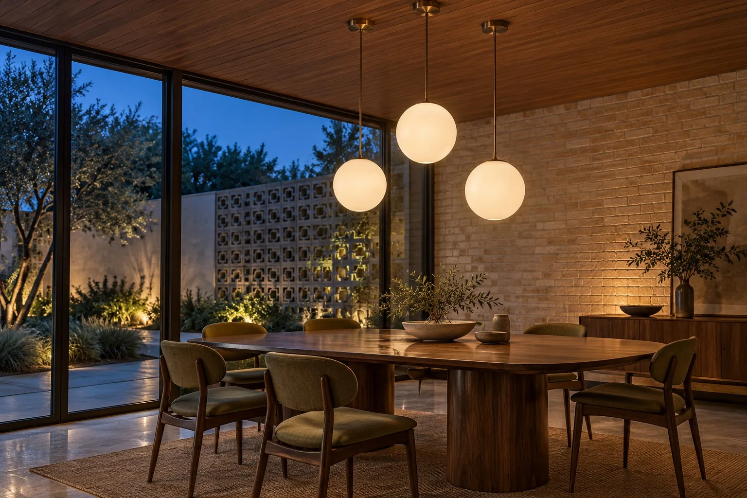 Design rendering of warm-white opal glass globe pendants above a walnut dining table in a mid-century room at dusk.