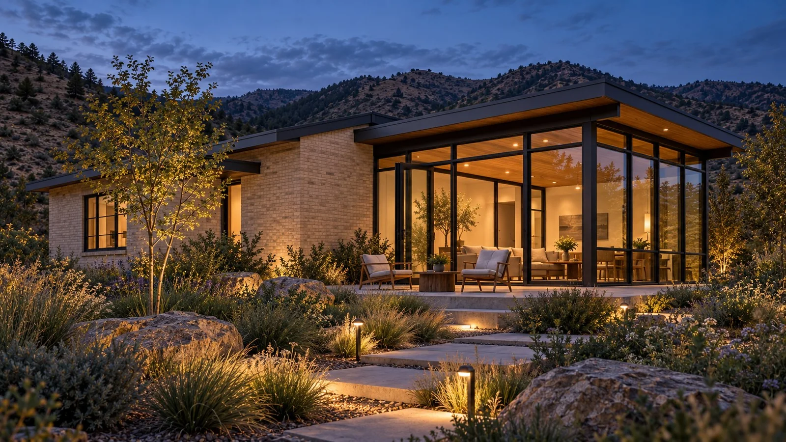 Dusk design rendering of a mid-century brick ranch and glass garden room opening onto a planted terrace with grasses, boulders, and subtle path lighting.