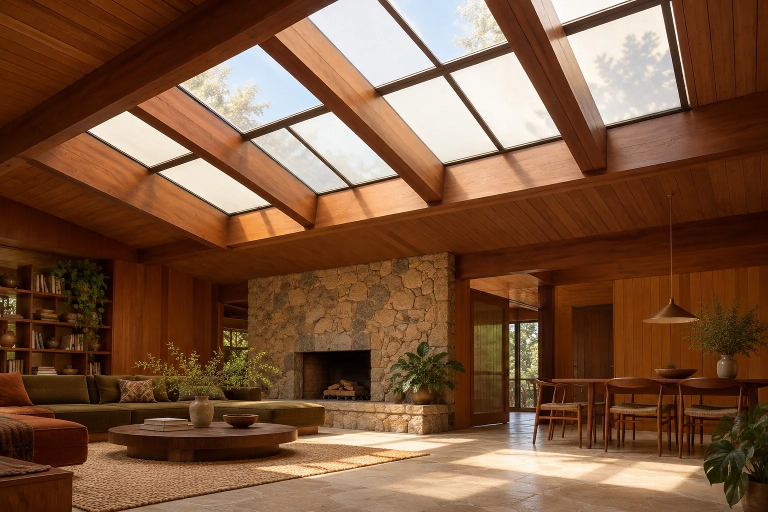 Mid-century skylight design rendering with clear and translucent glazing between timber beams, soft daylight, a stone fireplace, and warm wood interiors.