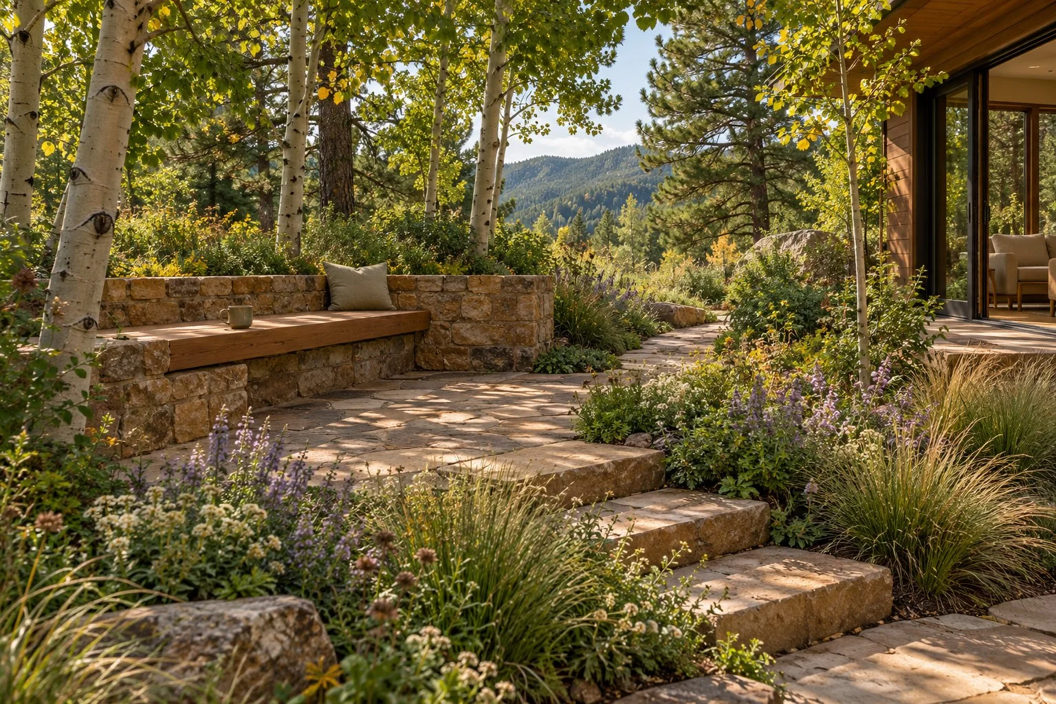 Mid-century woodland garden rendering with a timber bench in a sandstone wall, broad stone steps, aspens, pine trees, and layered flowering planting.