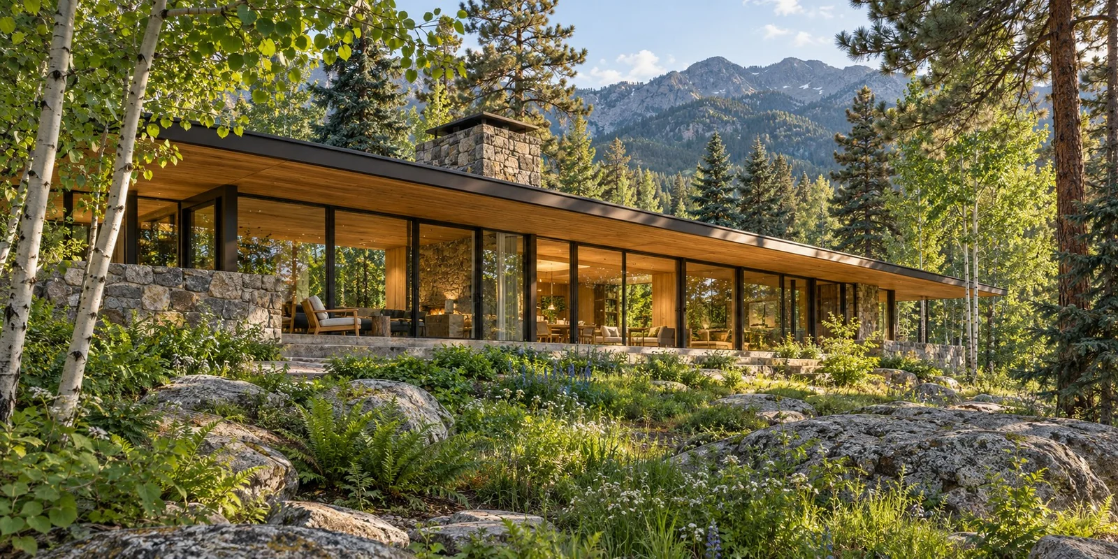 A long, low mid-century modern house among aspens, pine trees, and a green mountain garden, with a rocky mountain ridge beyond.