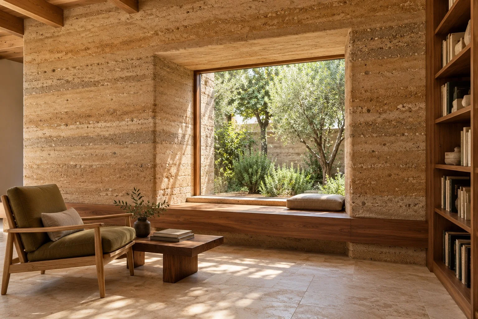 Rammed-earth interior rendering with exposed horizontal layers, a deep garden window, walnut bench, olive lounge chair, and timber shelving.