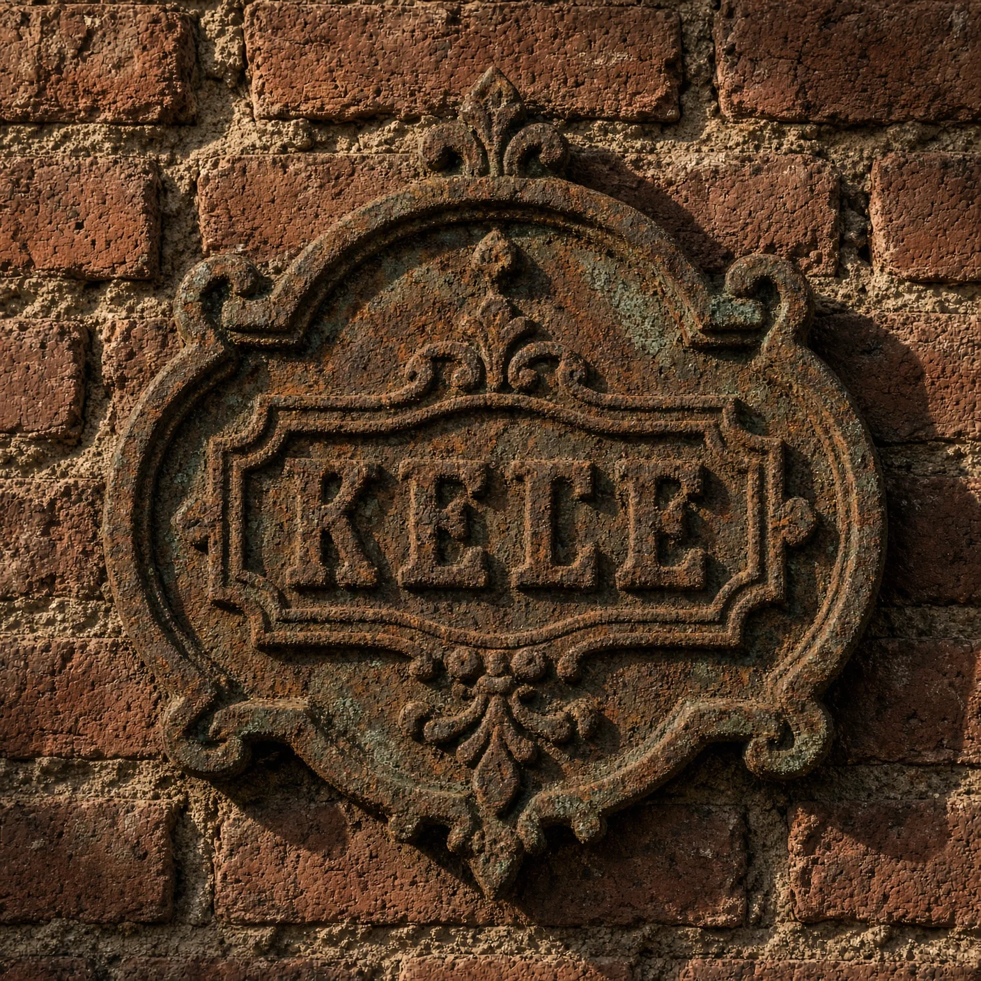 Weathered cast-iron ornamental plaque on old brick, letters worn smooth.