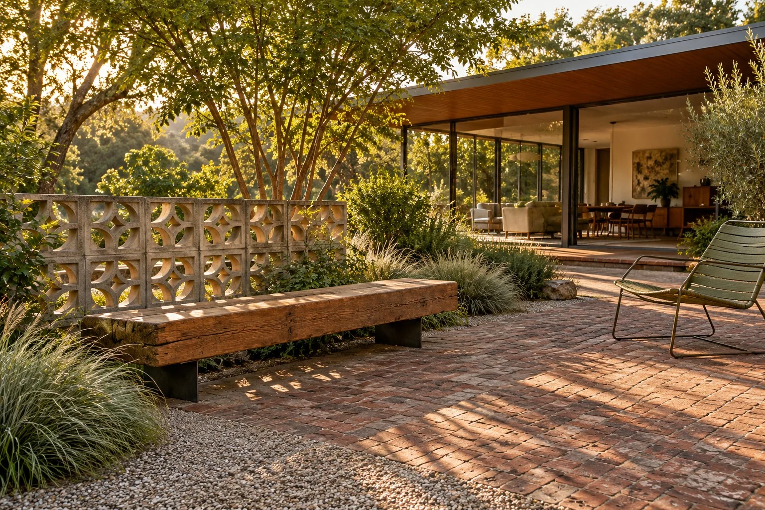 Mid-century courtyard with reclaimed brick paving, a timber bench, and a vintage breeze-block screen