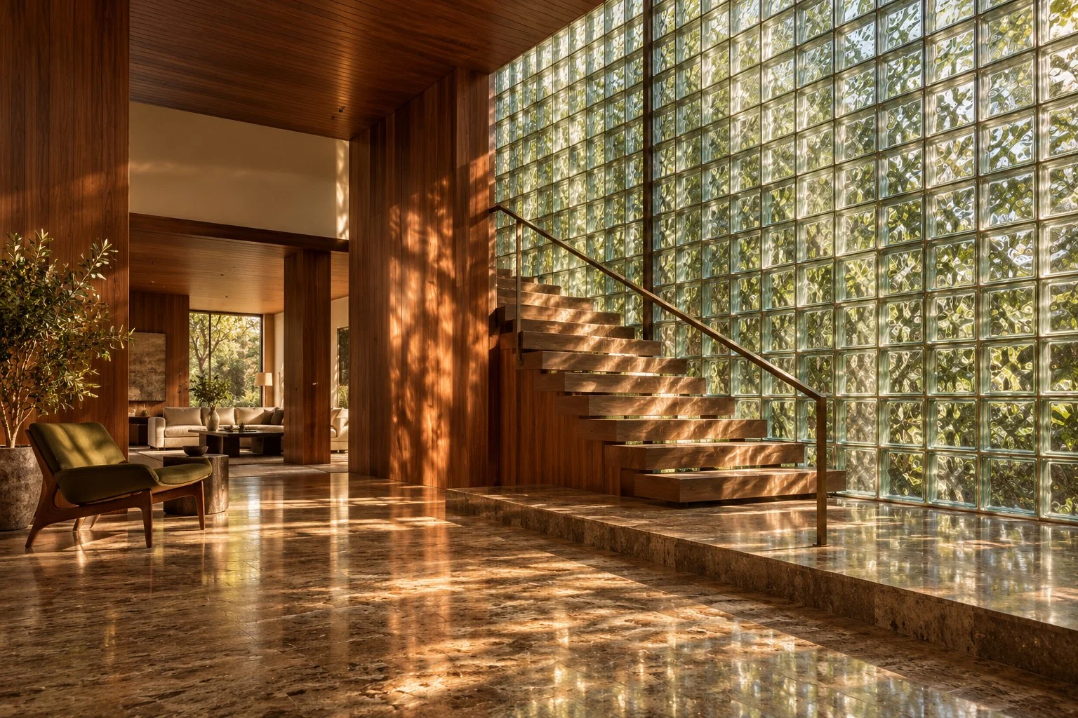 Glass block wall design rendering with diffused daylight, a timber staircase, walnut paneling, and rippled reflections on a warm stone floor.